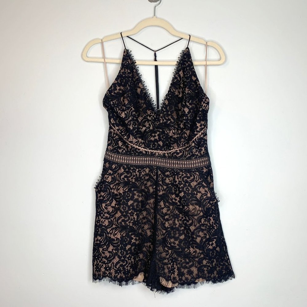 STYLESTALKER x Revolve Black Lace Plunge Romper with Pockets Sz‎ S